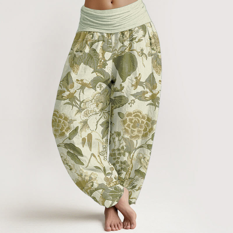 Pure Cotton Lotus Leaf Peony Pattern Women's Elastic Waist Harem Pants