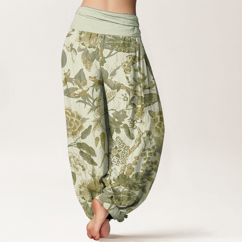Pure Cotton Lotus Leaf Peony Pattern Women's Elastic Waist Harem Pants