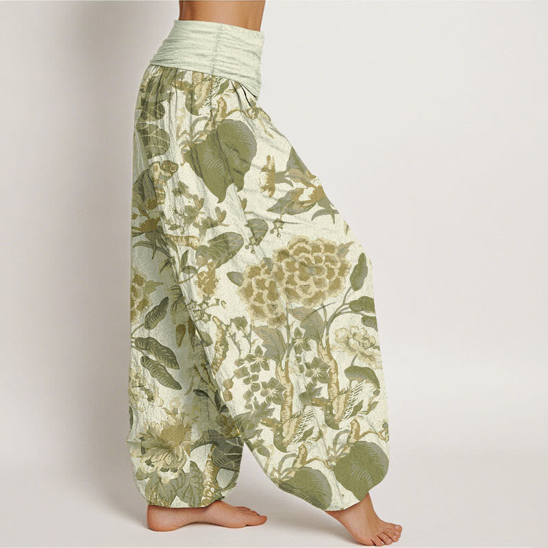 Pure Cotton Lotus Leaf Peony Pattern Women's Elastic Waist Harem Pants