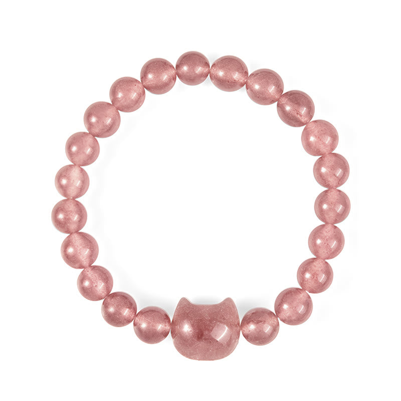 Natural Strawberry Quartz Cat Charm Bracelet for 15-16cm Wrists
