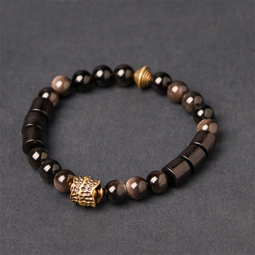 Silver Sheen Obsidian and Ebony Wood Handmade Copper Accented Bracelet