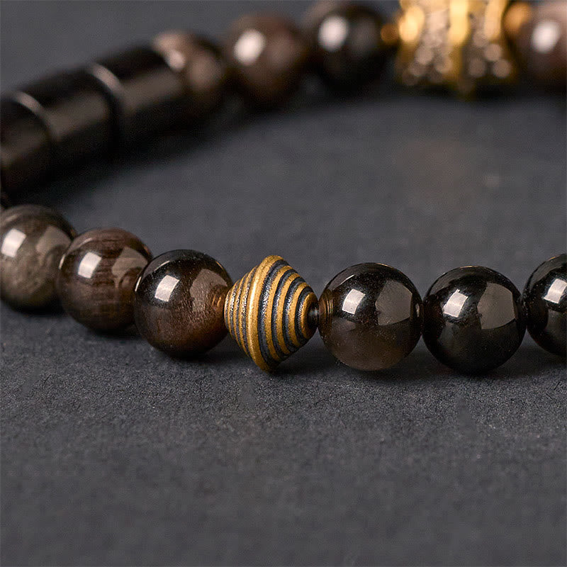 Silver Sheen Obsidian and Ebony Wood Handmade Copper Accented Bracelet