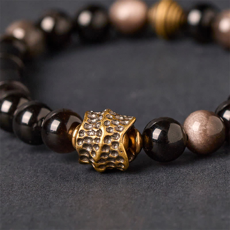 Silver Sheen Obsidian and Ebony Wood Handmade Copper Accented Bracelet