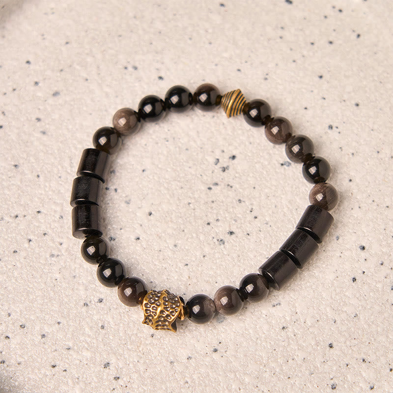 Silver Sheen Obsidian and Ebony Wood Handmade Copper Accented Bracelet
