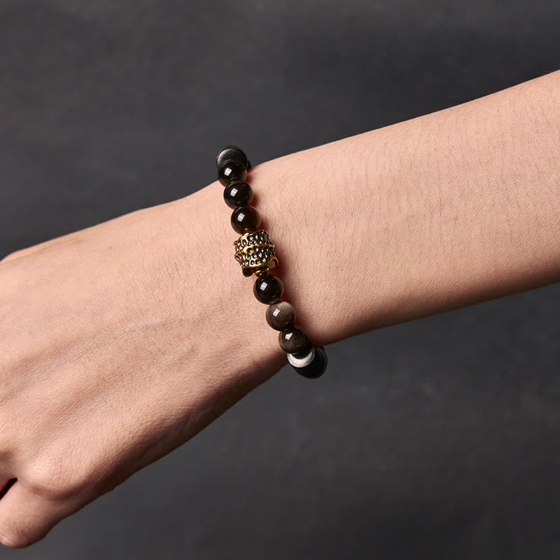 Silver Sheen Obsidian and Ebony Wood Handmade Copper Accented Bracelet