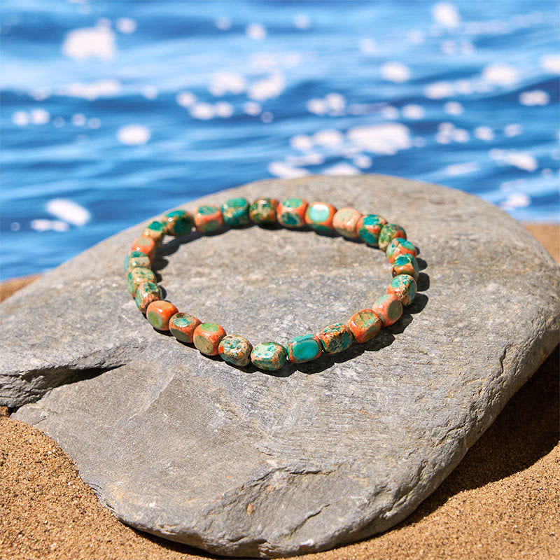 Natural Imperial Jasper Geometric Oval and Square Beaded Grounding Bracelet