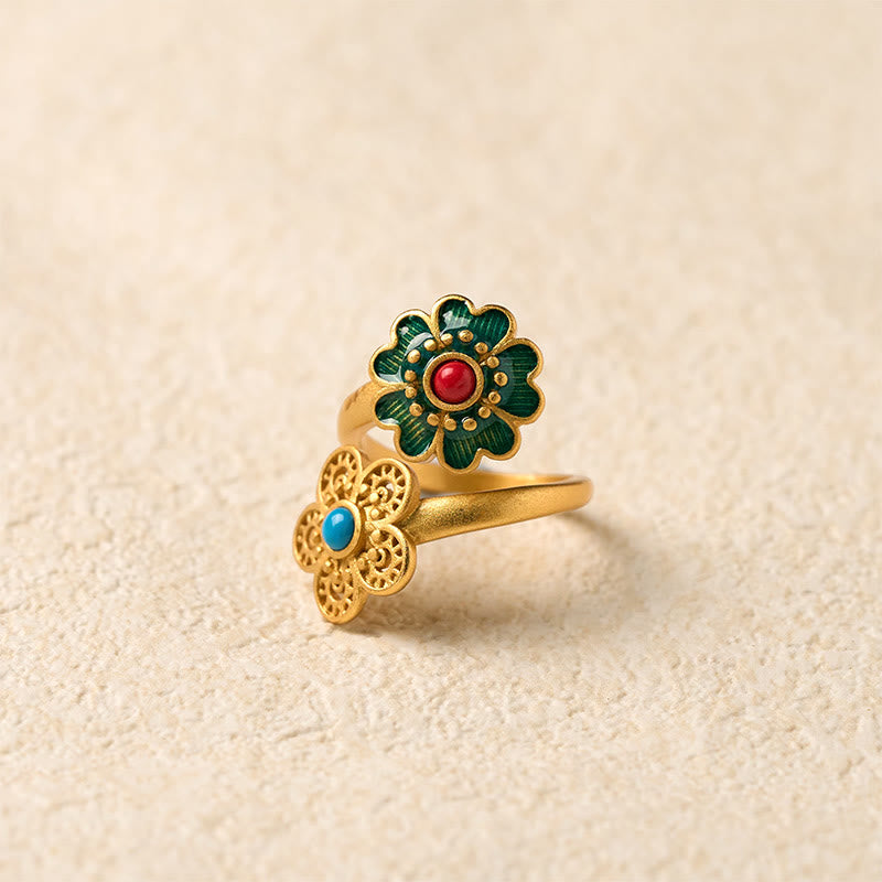 Double Petals Copper Dripping Turquoise Wealth Ring