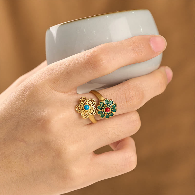 Double Petals Copper Dripping Turquoise Wealth Ring