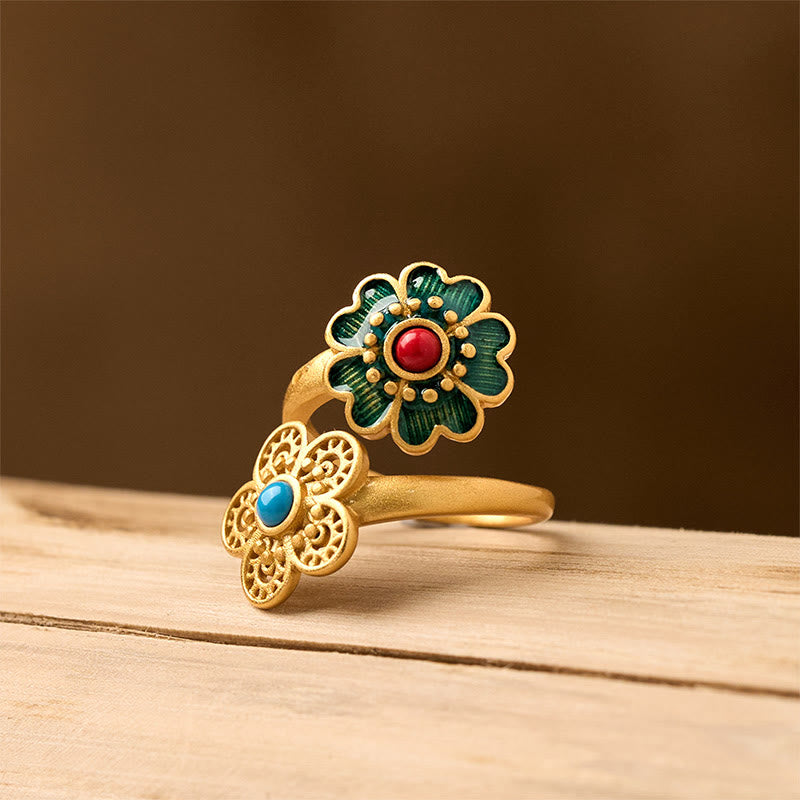 Double Petals Copper Dripping Turquoise Wealth Ring