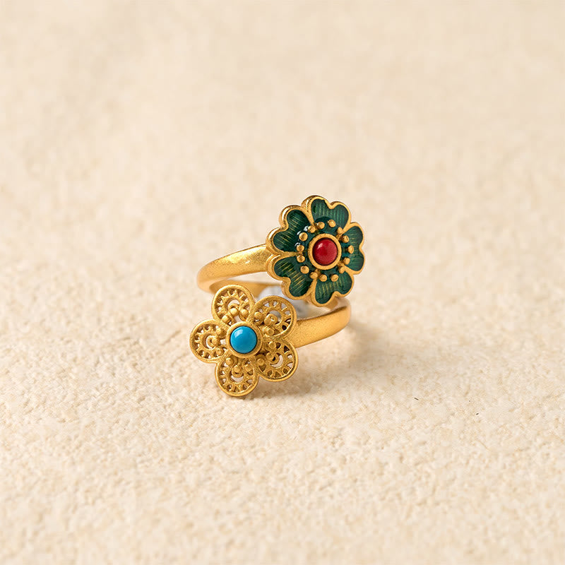 Double Petals Copper Dripping Turquoise Wealth Ring