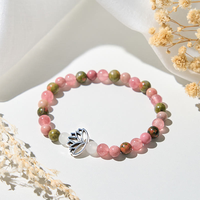 Natural Rhodonite & Unakite Beaded Bracelet with Lotus Symbol for Inner Harmony