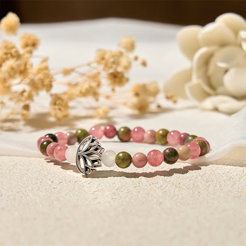 Natural Rhodonite & Unakite Beaded Bracelet with Lotus Symbol for Inner Harmony