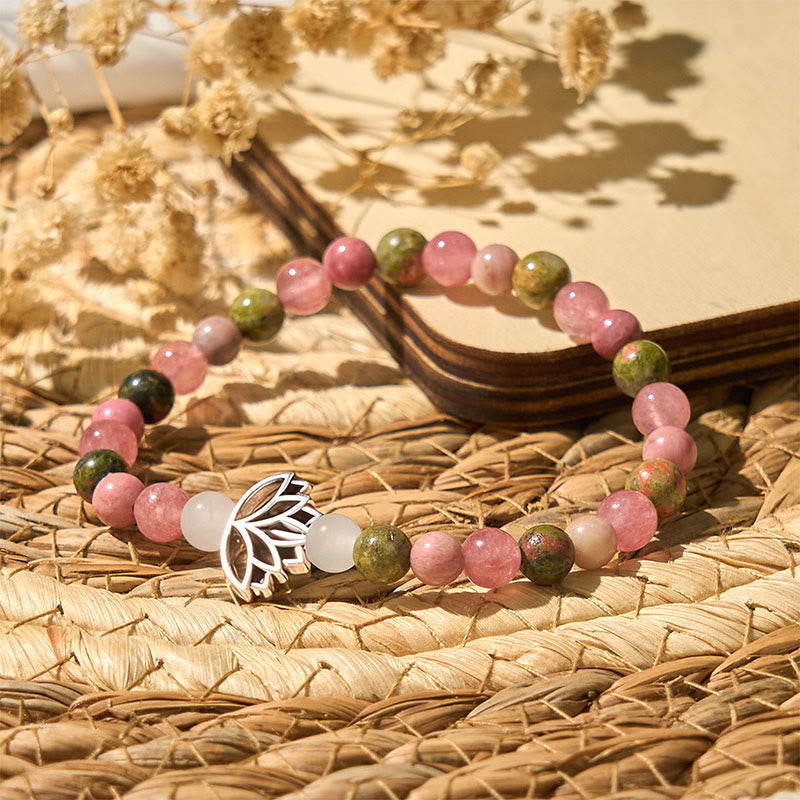 Natural Rhodonite & Unakite Beaded Bracelet with Lotus Symbol for Inner Harmony