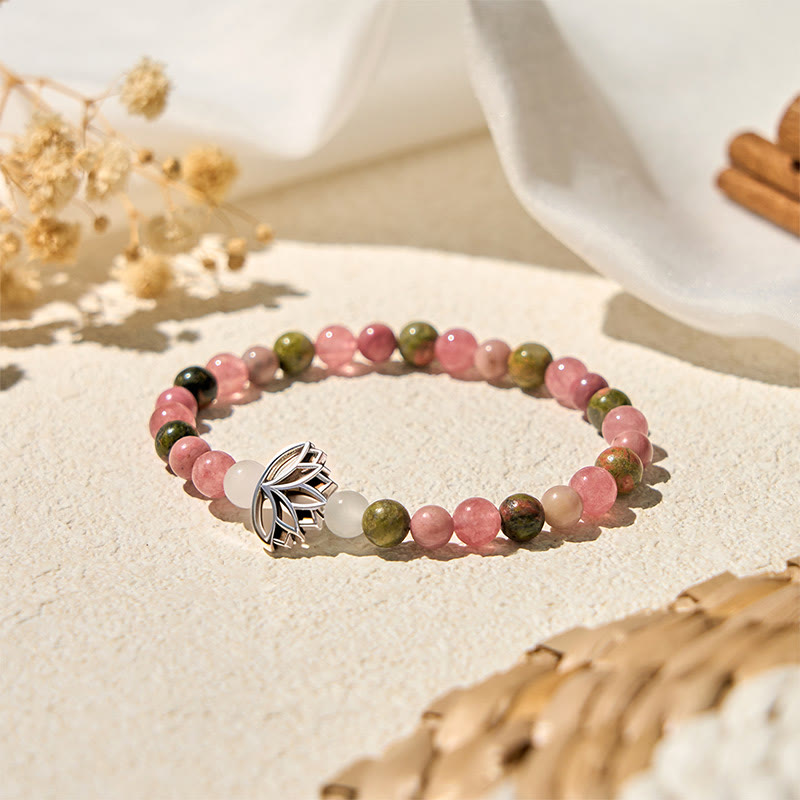 Natural Rhodonite & Unakite Beaded Bracelet with Lotus Symbol for Inner Harmony