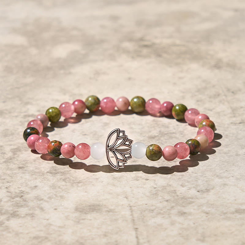 Natural Rhodonite & Unakite Beaded Bracelet with Lotus Symbol for Inner Harmony