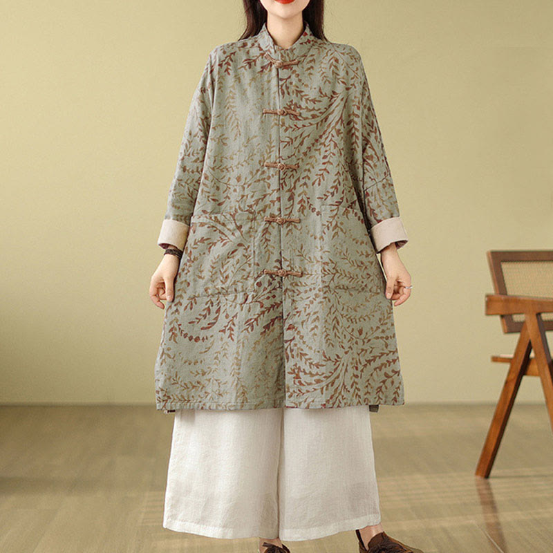 Frog-button Vine Leaves Women's Coat With Pockets