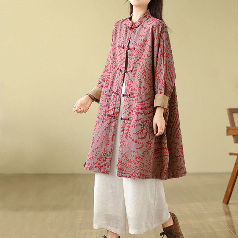 Frog-button Vine Leaves Women's Coat With Pockets