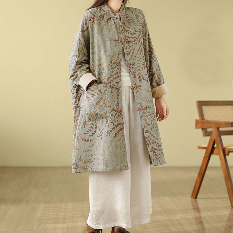 Frog-button Vine Leaves Women's Coat With Pockets
