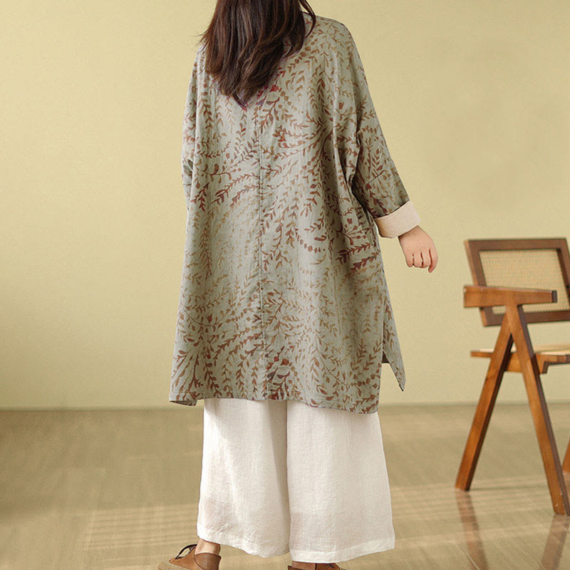 Frog-button Vine Leaves Women's Coat With Pockets
