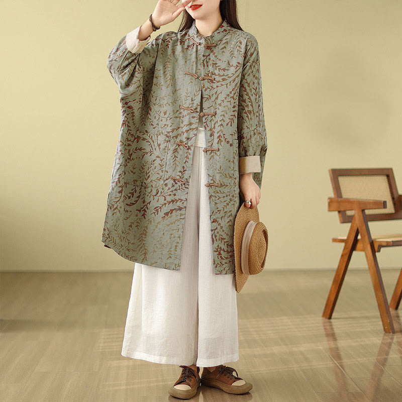 Frog-button Vine Leaves Women's Coat With Pockets