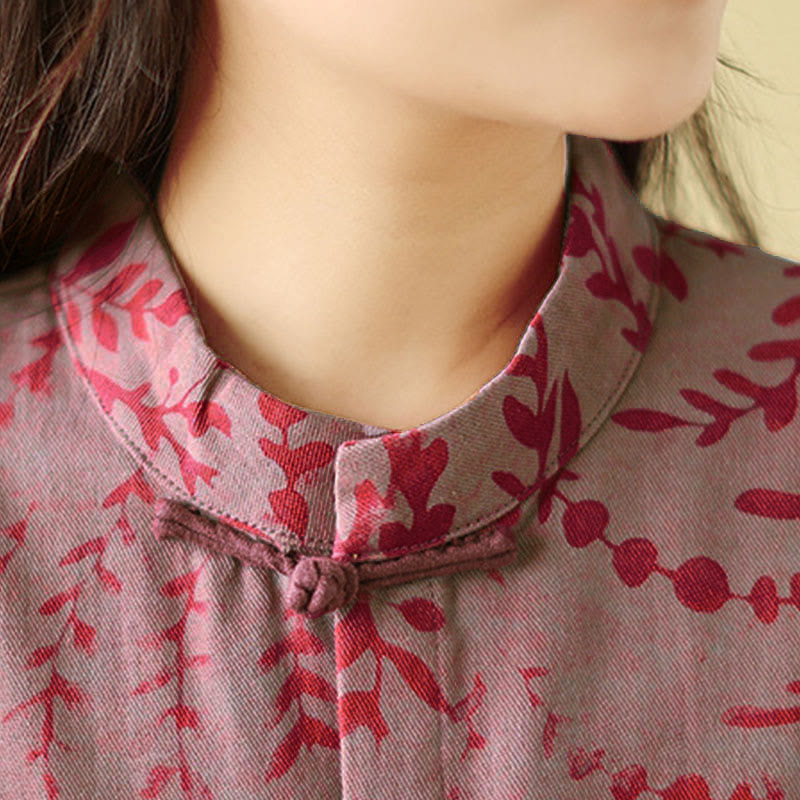 Frog-button Vine Leaves Women's Coat With Pockets
