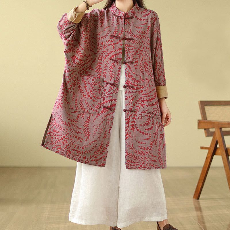 Frog-button Vine Leaves Women's Coat With Pockets