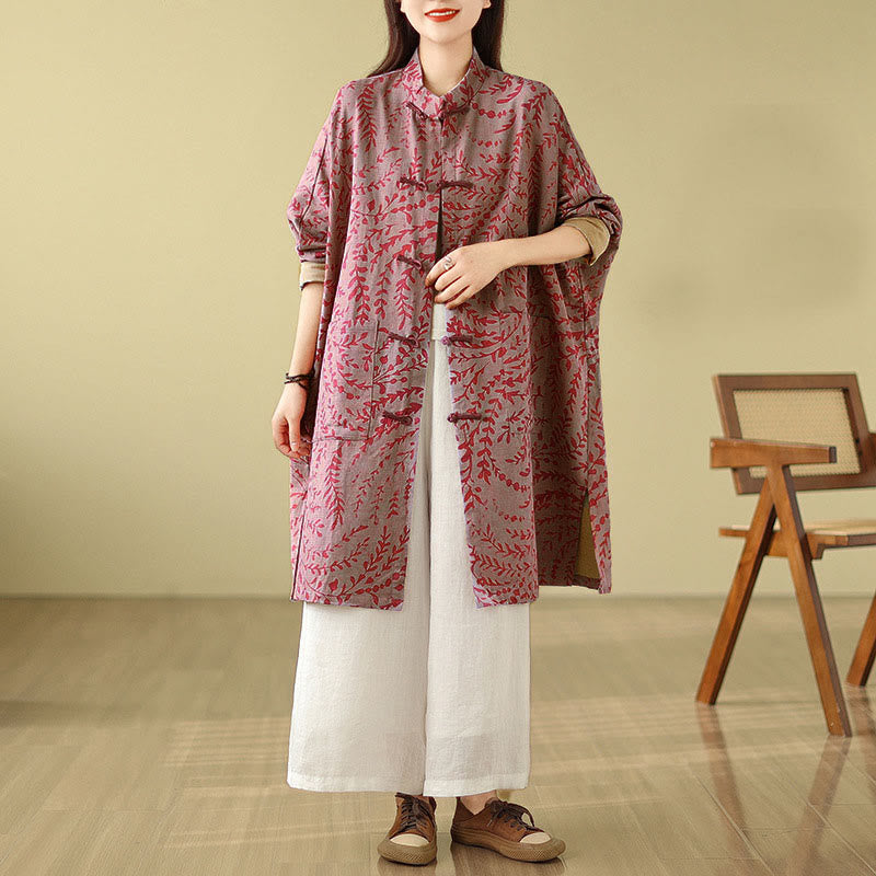 Frog-button Vine Leaves Women's Coat With Pockets