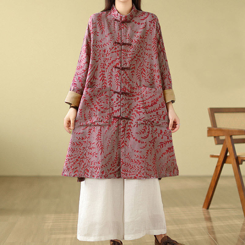 Frog-button Vine Leaves Women's Coat With Pockets