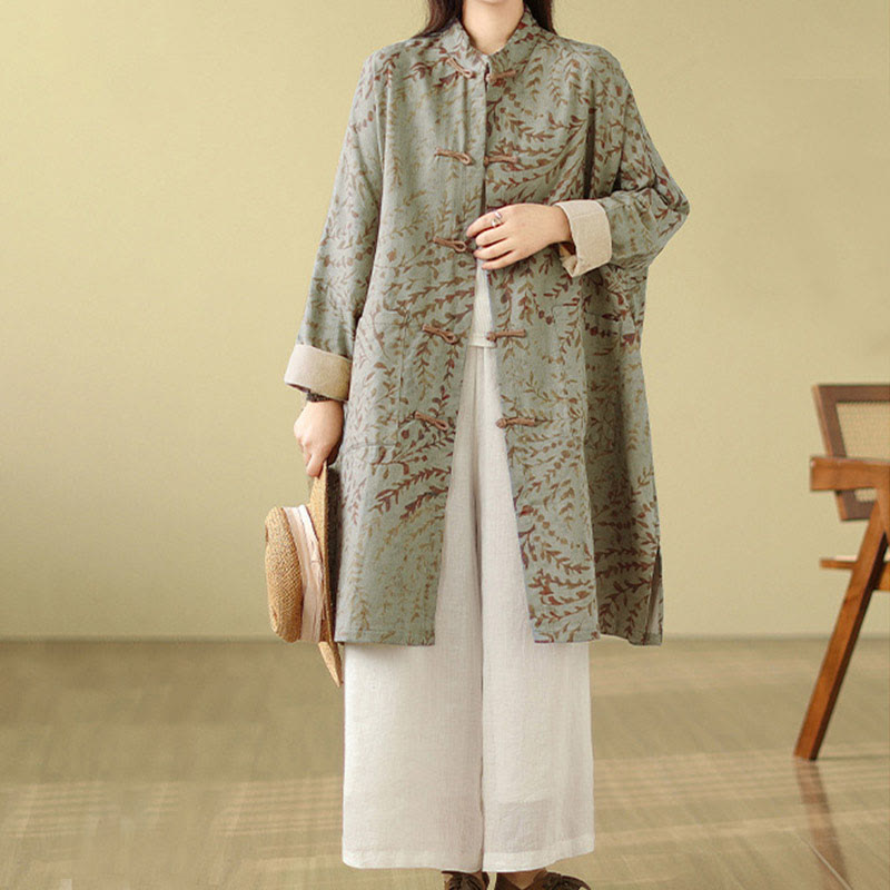 Frog-button Vine Leaves Women's Coat With Pockets