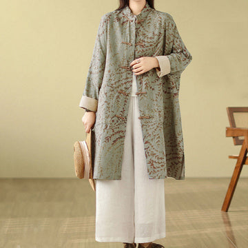 Frog-button Vine Leaves Women's Coat With Pockets