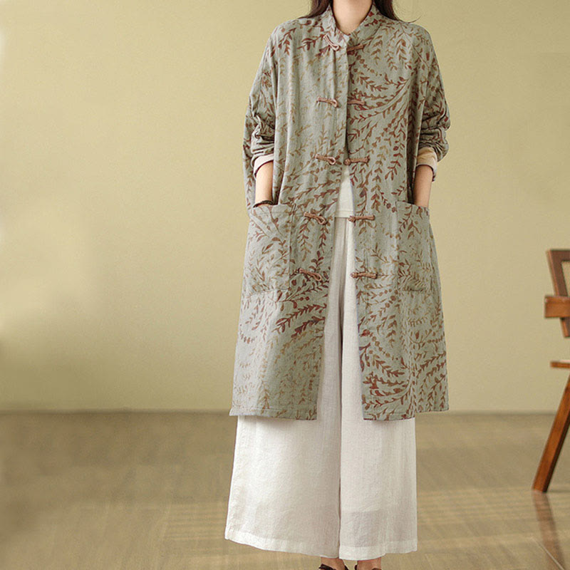 Frog-button Vine Leaves Women's Coat With Pockets
