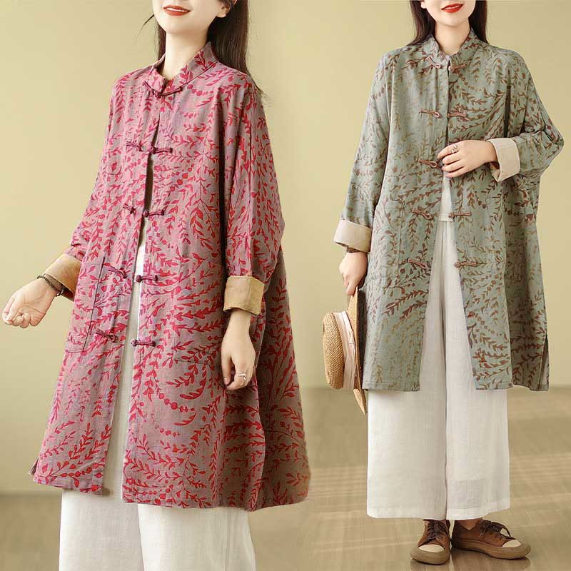 Frog-button Vine Leaves Women's Coat With Pockets