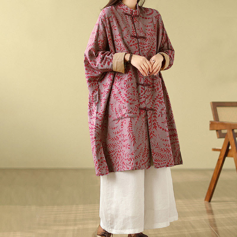 Frog-button Vine Leaves Women's Coat With Pockets
