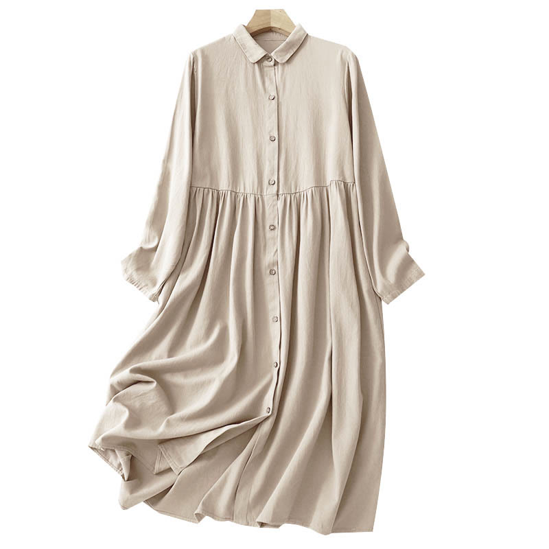 Breathable Cotton Buttoned Lapel Grounding Midi Dress