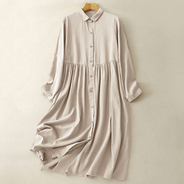 Breathable Cotton Buttoned Lapel Grounding Midi Dress