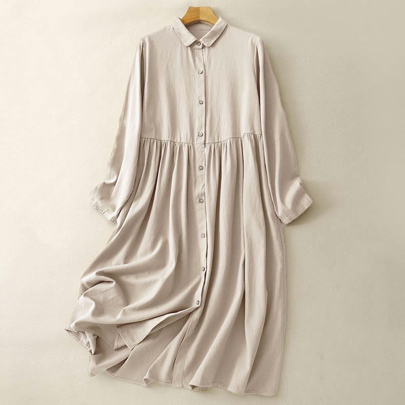 Breathable Cotton Buttoned Lapel Grounding Midi Dress