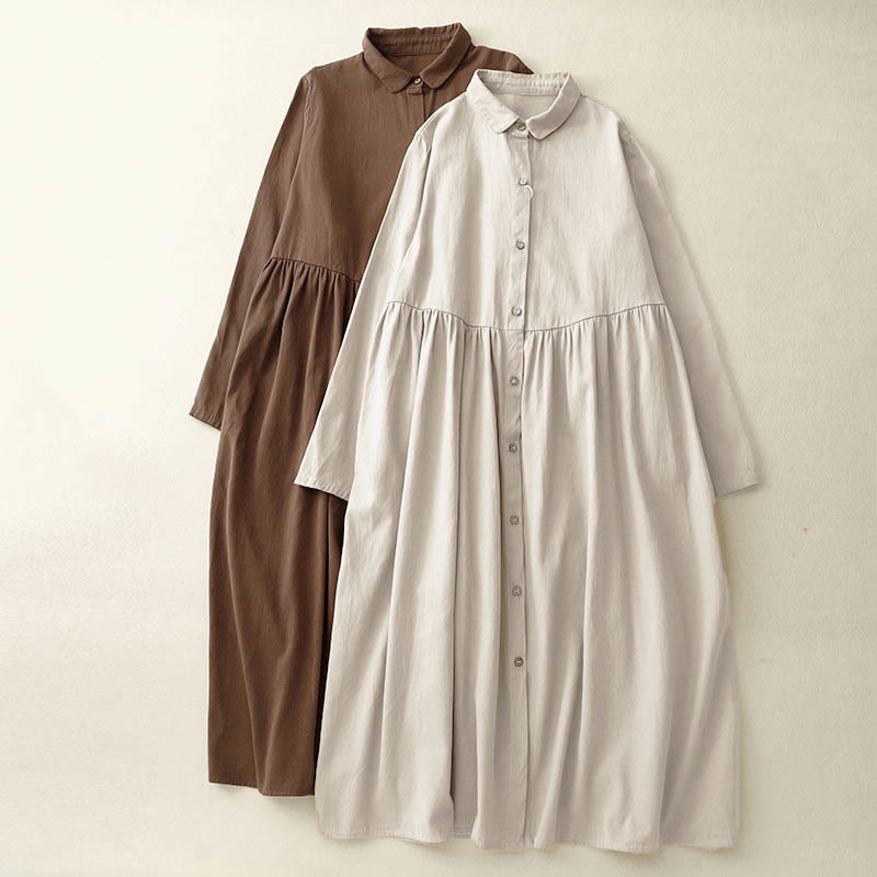 Breathable Cotton Buttoned Lapel Grounding Midi Dress