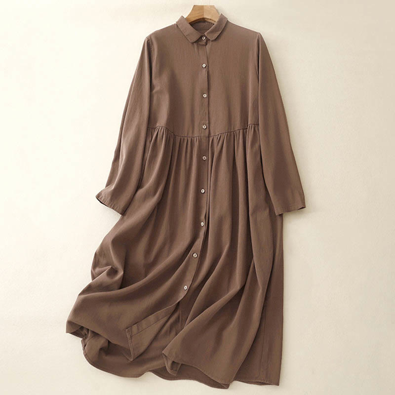 Breathable Cotton Buttoned Lapel Grounding Midi Dress