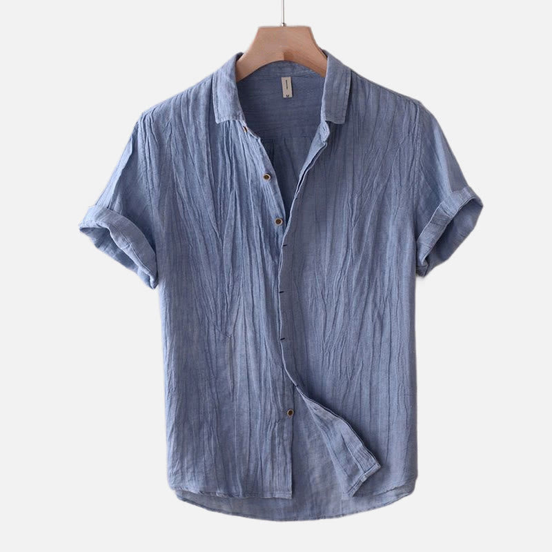 Men's Shirt Solid Color Lapel Top Short Sleeve Comfy Button Crease Cotton Linen Shirt