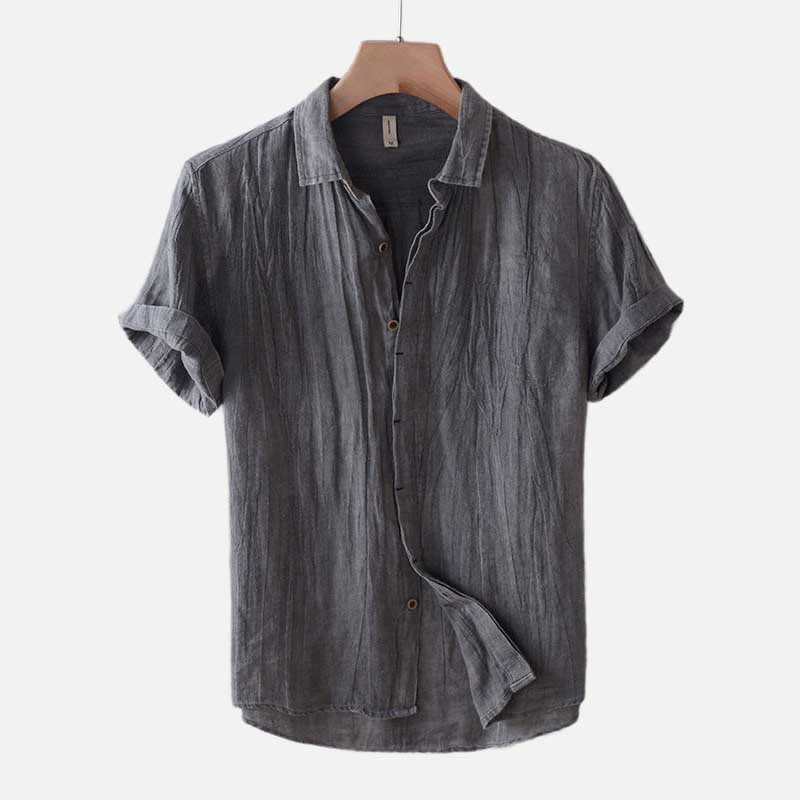 Men's Shirt Solid Color Lapel Top Short Sleeve Comfy Button Crease Cotton Linen Shirt