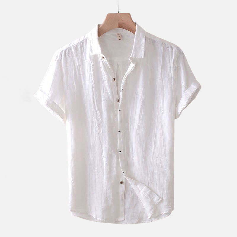 Men's Shirt Solid Color Lapel Top Short Sleeve Comfy Button Crease Cotton Linen Shirt