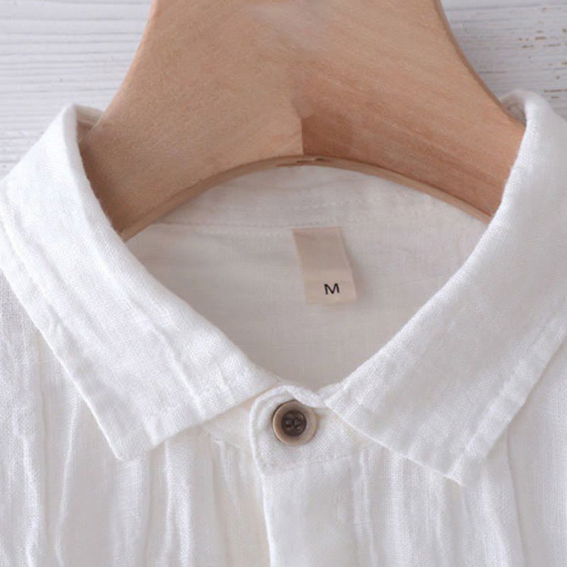 Men's Shirt Solid Color Lapel Top Long Sleeve Comfy Button Crease Cotton Linen Shirt