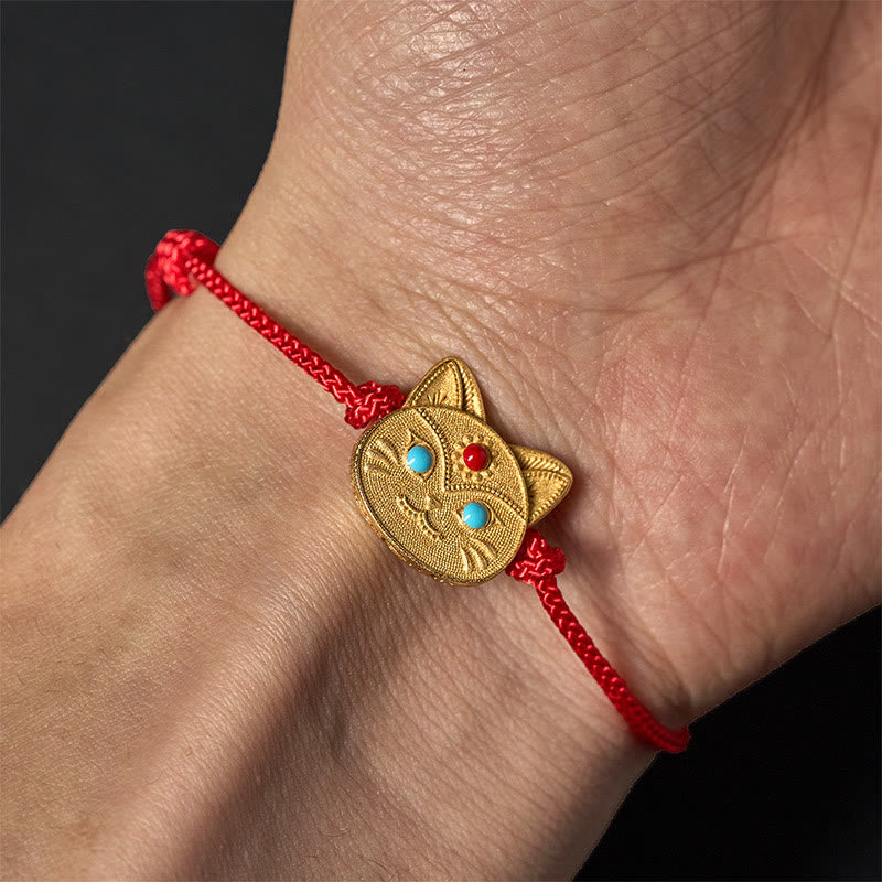 Minimalist 925 Sterling Silver Cat Charm Red String Adjustable Bracelet