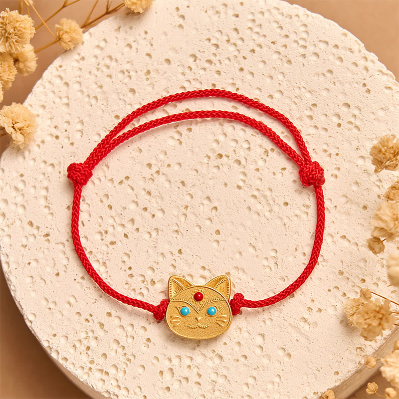 Minimalist 925 Sterling Silver Cat Charm Red String Adjustable Bracelet