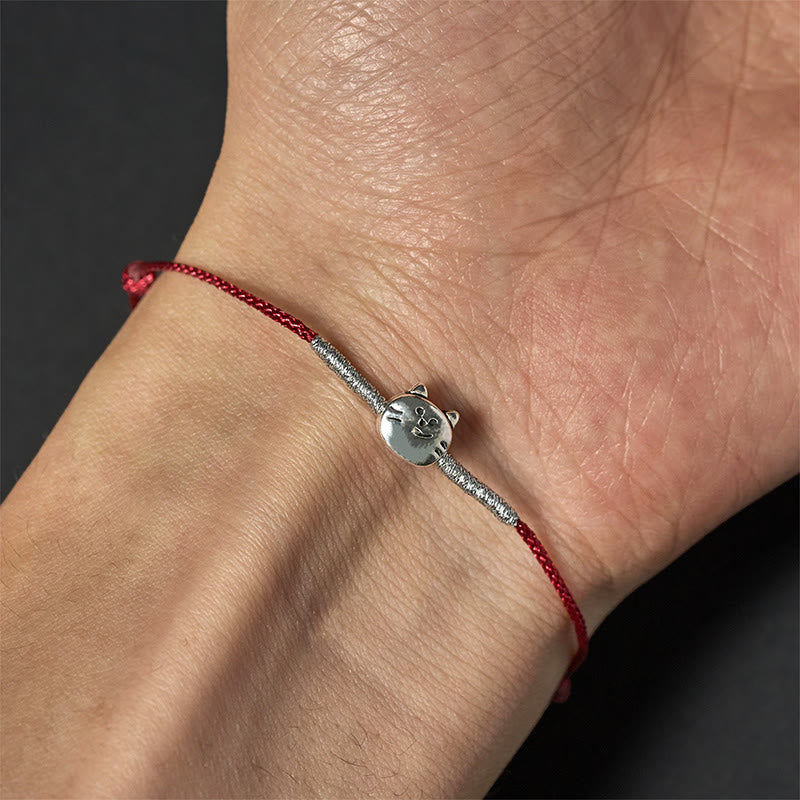 Braided Red String Bracelet with 925 Sterling Silver Cat Charm