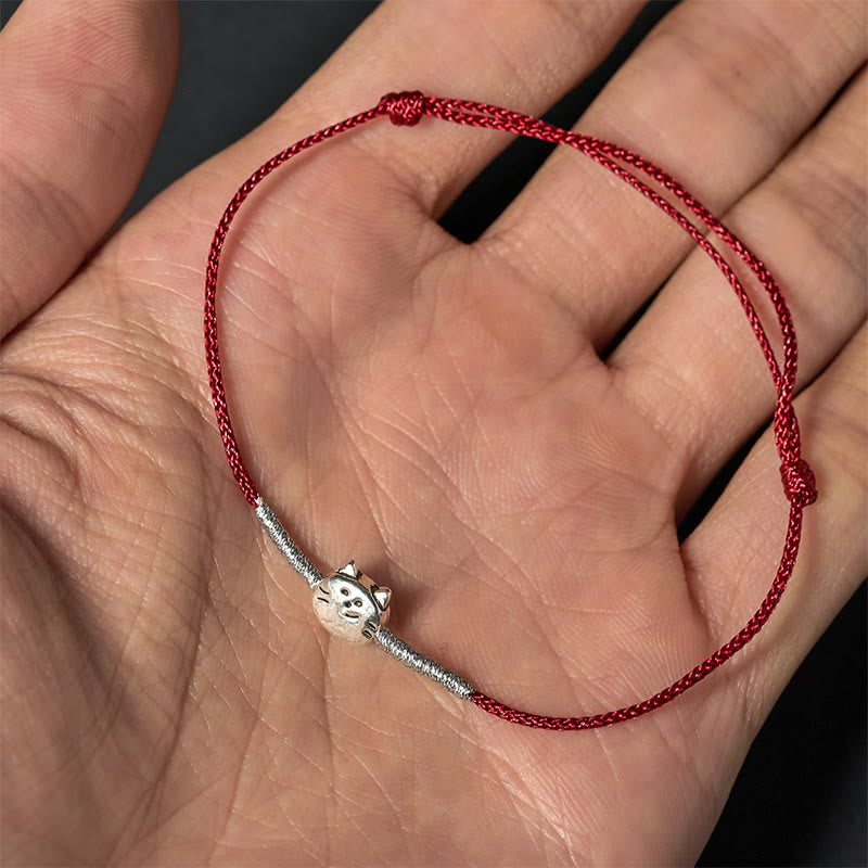 Braided Red String Bracelet with 925 Sterling Silver Cat Charm