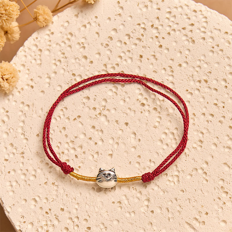 Braided Red String Bracelet with 925 Sterling Silver Cat Charm