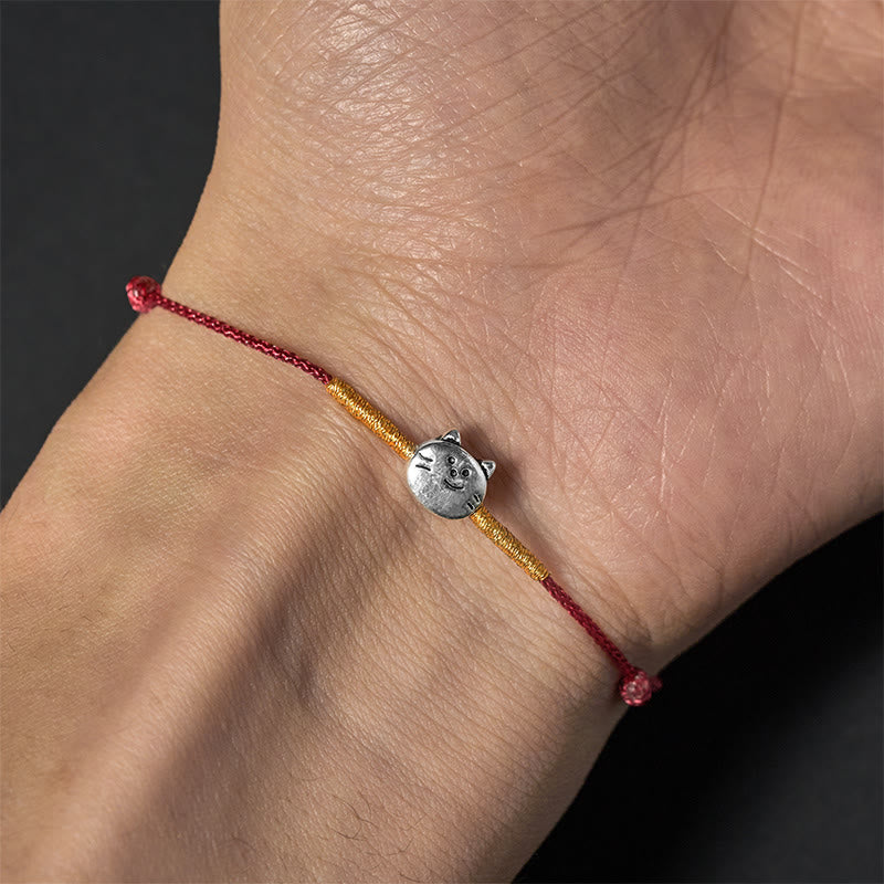 Braided Red String Bracelet with 925 Sterling Silver Cat Charm
