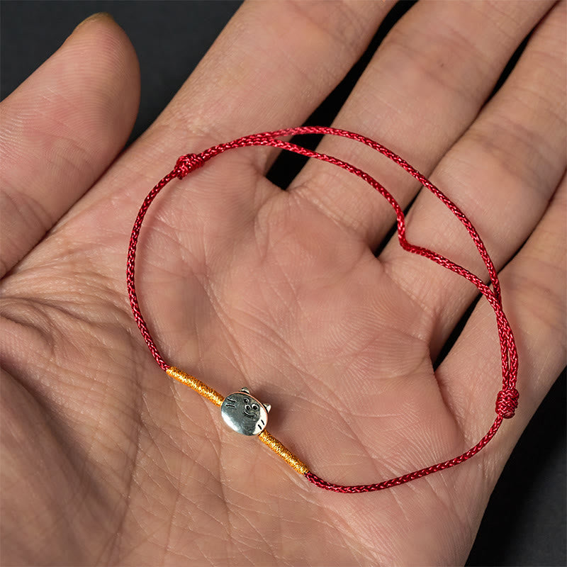 Braided Red String Bracelet with 925 Sterling Silver Cat Charm