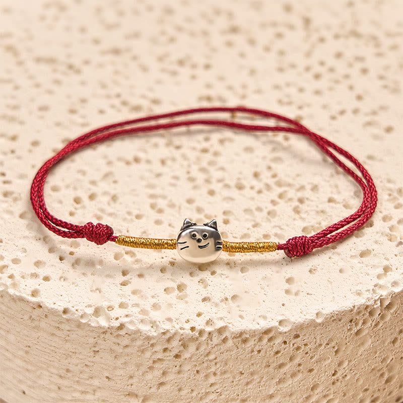 Braided Red String Bracelet with 925 Sterling Silver Cat Charm